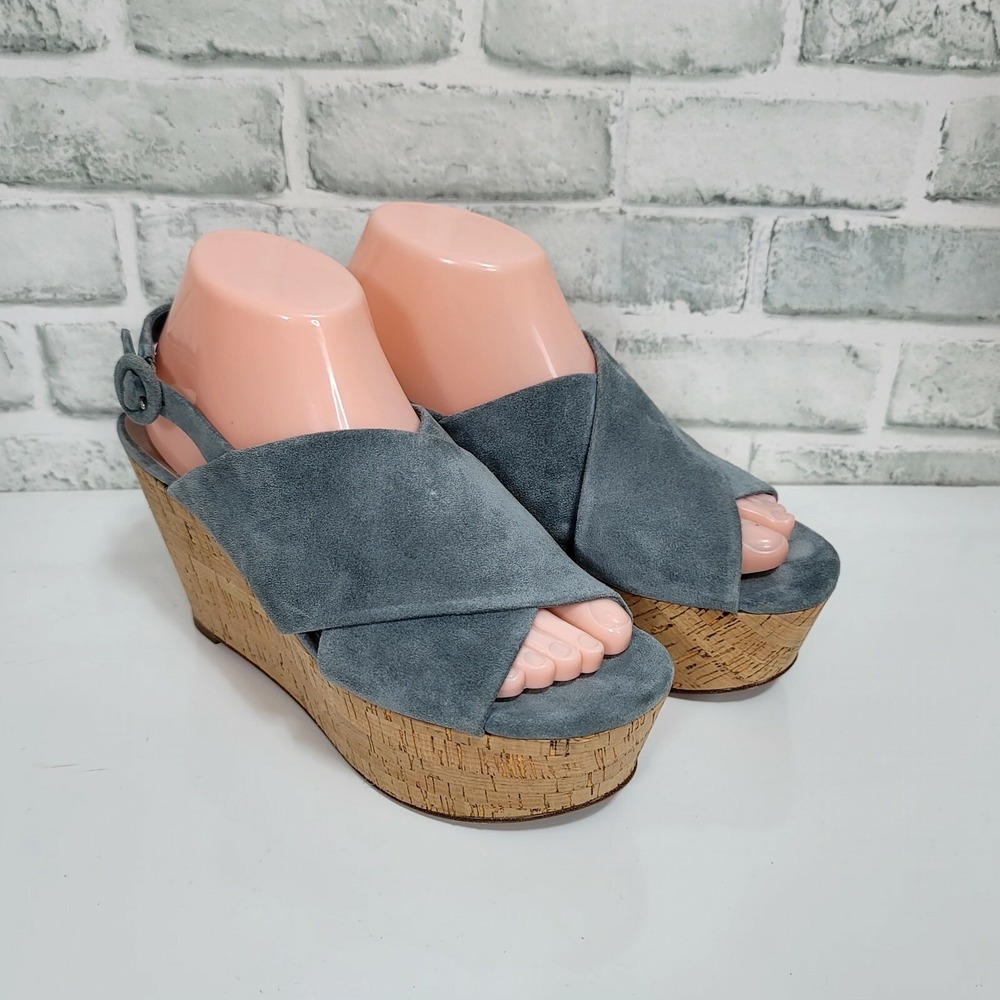 DVF Juno Blue Suede Cork Wedge Sandals Slingback Womens 8.5 Platform Retro - Picture 3 of 11